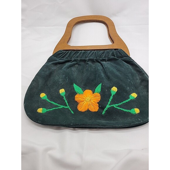 Vintage Holiday Fair Green Canvas Bag Purse Floral Embroidery Wood Handles - Picture 4 of 16